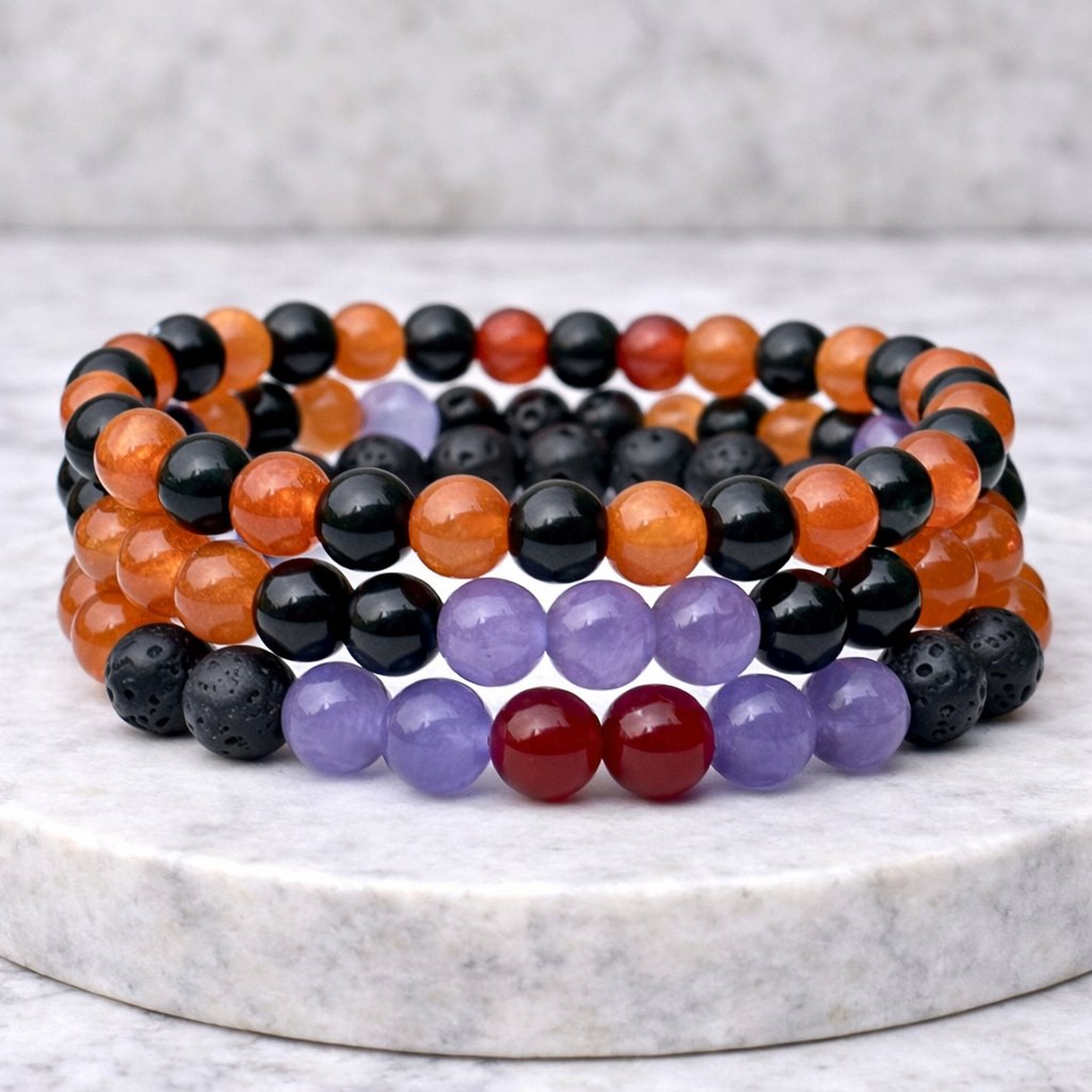 Bundle Deal Natural Stone Beaded Bracelet Set Aventurine, Agate, Onyx, Lava Rock